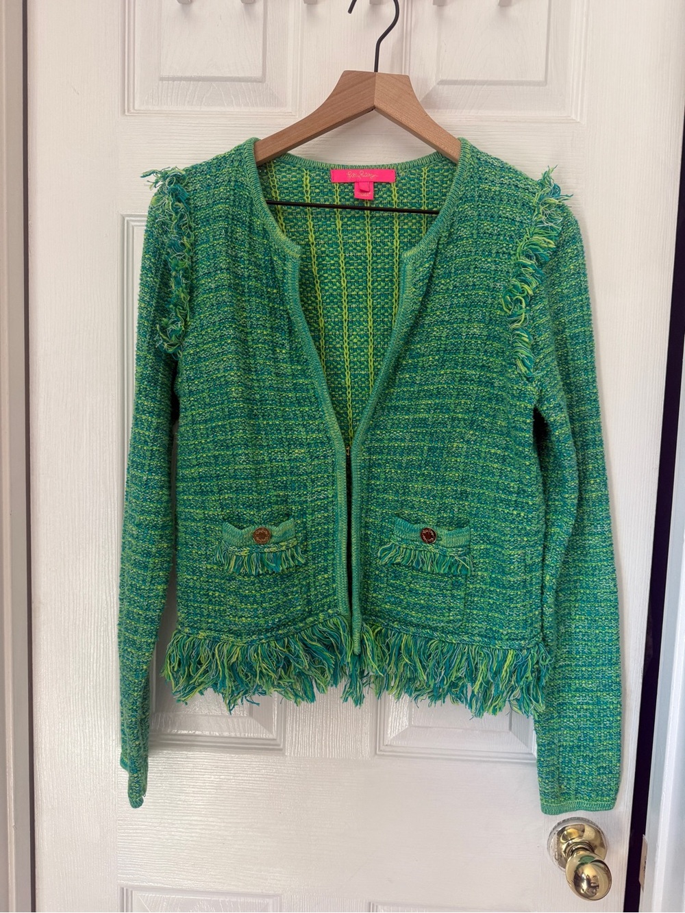 Lilly Pulitzer Simora Fringe Cardigan Evergreen Exotic Tweed Gold Button Jacket